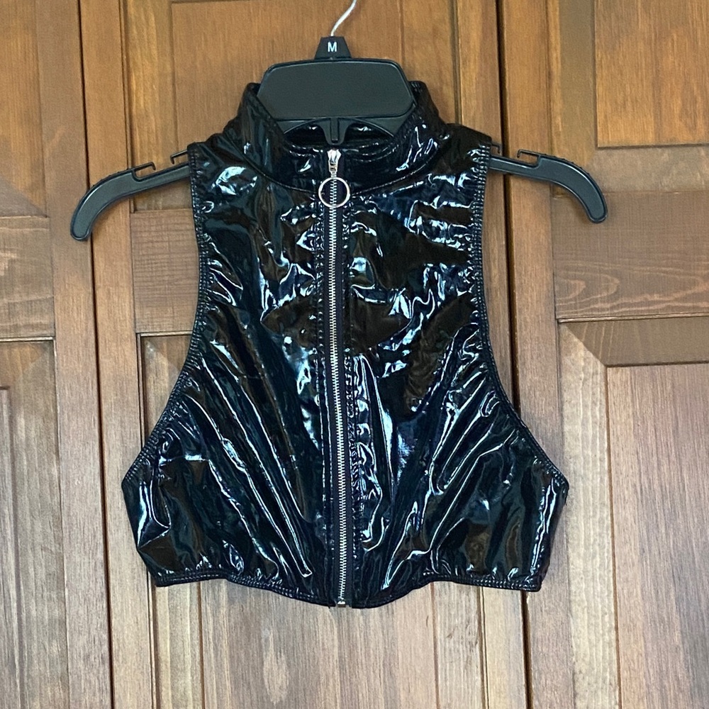 Black Vinyl Zip Up Cropped Vest/Top by Iefel